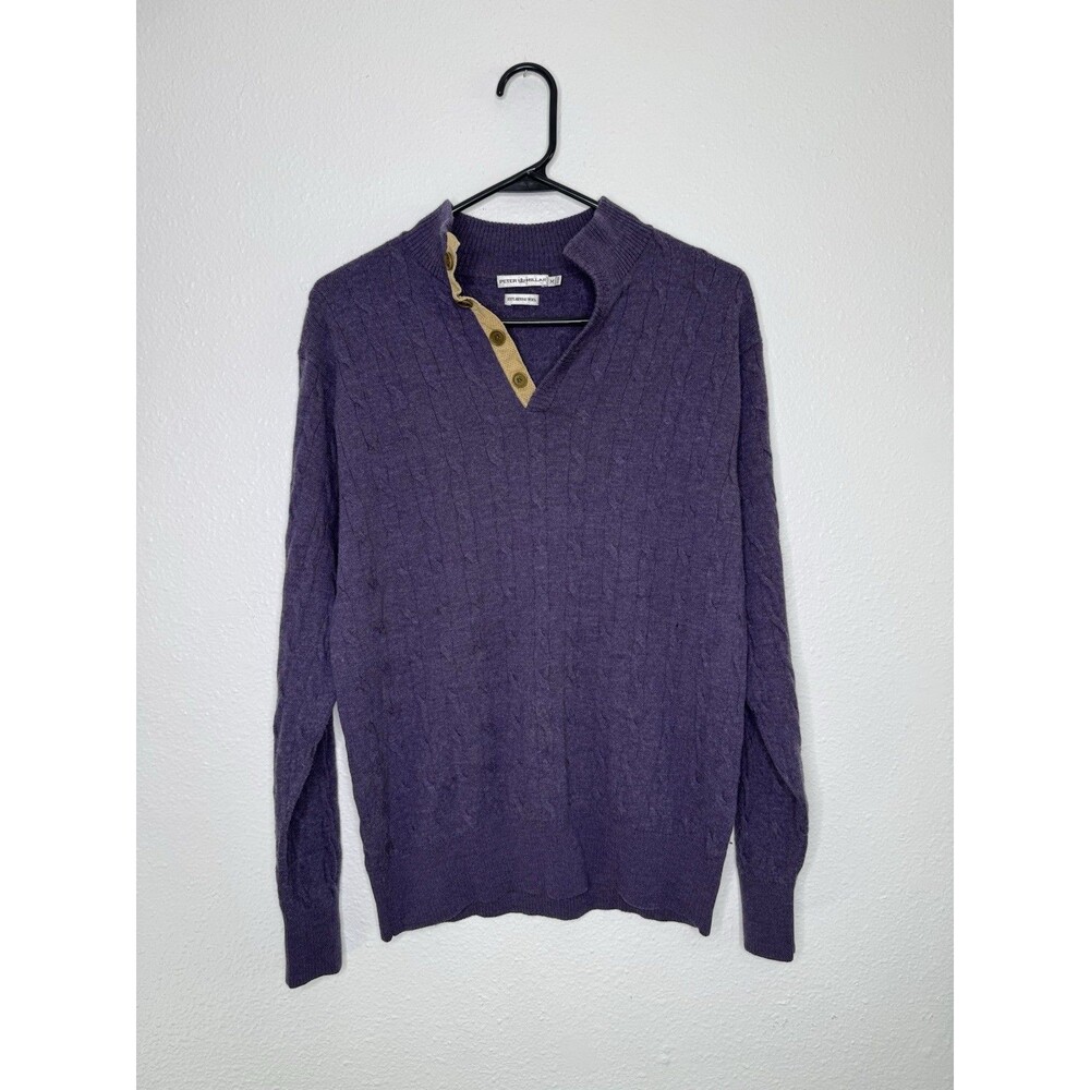 Peter Millar Ridge Cable 1/4 Neck Button Merino Wool Men's Sweater M Purple FLAW